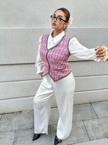 Flirla Quần ống rộng ống đứng rộng rãi bằng vải satin cỡ lớn - trắng - Xem 3