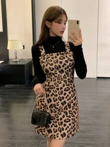 DAZY 女式简约豹纹无袖短款连衣裙，休闲日常猎豹印花秋冬 - 棕色 - 查看 3