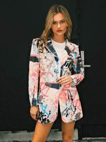 SHEIN EZwear Graffiti Print Lapel Neck Blazer In Fall/Winter - Multicolor - View 3