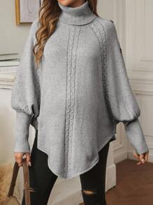 SHEIN 孕妇纯色高领不对称下摆优雅长袖套头毛衣，适合孕妇 - 淺灰色 - 查看 4