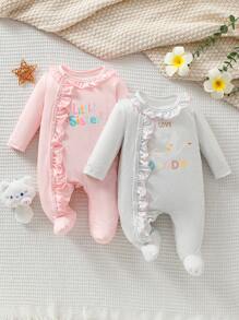 2 Stücke Neugeborenen Minimalistische Einfarbige Rüschenkragen Englisch & Kranich Grafik Langarm Romper Set