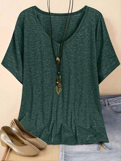 Plus Size V-ringad Kortärmad Enkel Casual Topp