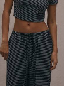 MUSERA Gestreifte Weite Hose Lässig Elegant Sommer - Schwarz und Weiss - Übersicht 4