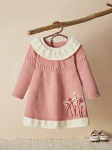 SHEIN Vintaside Kids Baby Girls Pink Loose Ruffled Thick Knit Sweater Dress With Embroidery, Suitable For Home, Casual Or Party Wear, Autumn/Winter