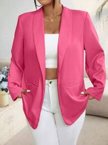 Celure 大码纯色披肩领长袖口袋休闲西装上衣 - 玫紅色 - 查看 5