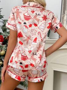 CoupledUp Christmas Elements Printed Imitation Silk Lapel Women Pajama Set