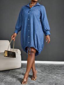 Maweii 1 chiếc váy maxi dài tay dài giản dị màu trơn cỡ lớn cài nút phía trước ngắn phía sau trang phục dành cho nữ - Màu xanh lam - Xem 6