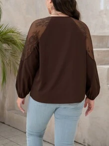 INAWLY Camicia lunga in pizzo, elegante e sexy con maniche lunghe, adatta per uso casual, lavoro e attività all'aperto - Castano - Visualizzare 2