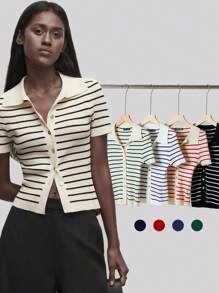 BizChic 女士帶領口紐扣條紋針織毛衣 - 彩色 - 查看 9