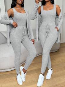 Zolique Bộ 3 áo ba lỗ cổ lọ dệt kim màu trơn thời trang xuân/thu cho nữ và quần - Xám - Xem 1