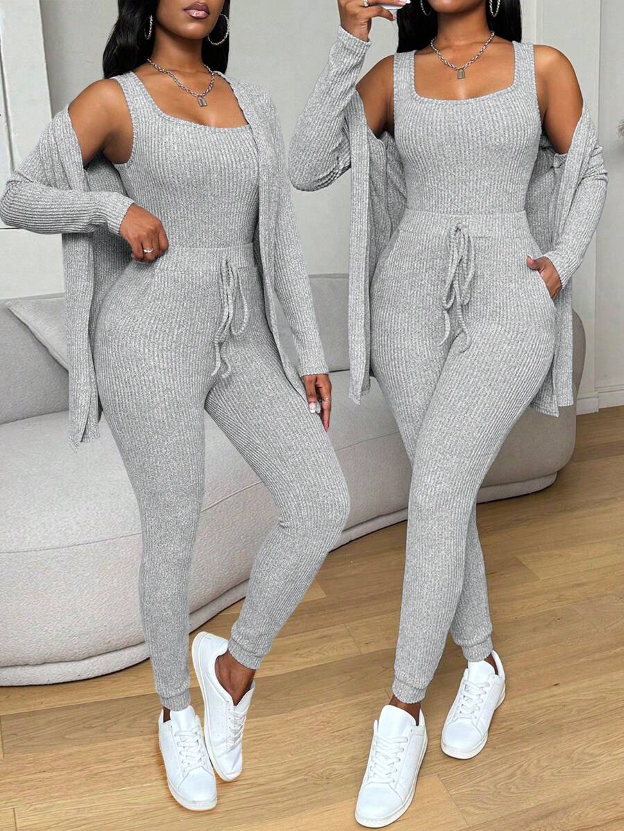 Zolique Bộ 3 áo ba lỗ cổ lọ dệt kim màu trơn thời trang xuân/thu cho nữ và quần - Xám - Xem 1