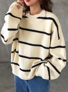 FRIFUL 女士圆领长袖条纹基本款针织毛衣，休闲日常穿着，秋季女装 - 米色 - 查看 6