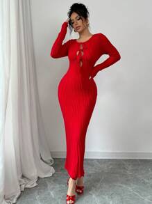 Chiquease 女士优雅修身露肩蝴蝶结装饰针织连衣裙 - 紅色 - 查看 3