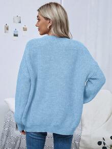 SHEIN LUNE 纯色刺绣宽松休闲百搭针织开衫，长袖 - 藍色 - 查看 2