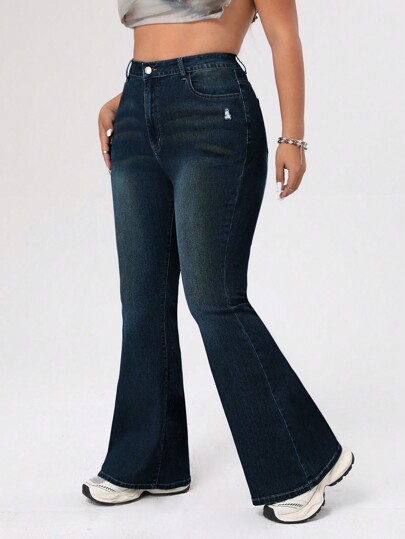 SHEIN ICON Plus Size Distressed Solid Color Pocket Casual Flared Leg Jeans