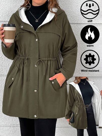 SHEIN Chaqueta de invierno casual con capucha, cintura con cordón y forro térmico para mujeres de talla grande
