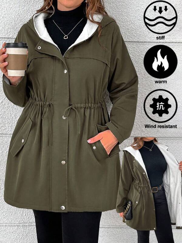 SHEIN Chaqueta de invierno casual con capucha, cintura con cordón y forro térmico para mujeres de talla grande