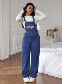 SHEIN EZwear Quần yếm denim vá chữ giặt thường ngày cho nữ/Quần yếm - Màu xanh lam - Xem 6
