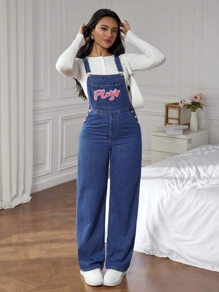 SHEIN EZwear 女士休闲洗水字母贴片牛仔背带裤/工装裤 - 藍色 - 查看 6