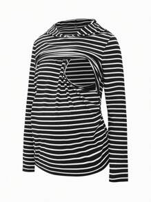 SHEIN Maternity 2pcs Women Fitted Striped Hooded Long Sleeve Tops, Nursing