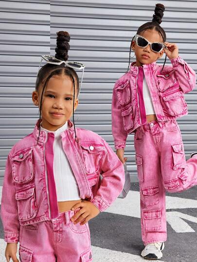SHEIN SLAYR KIDS Young Girl Y2K Cute Pink Stand Collar Long Sleeve Multi-Pocket Denim Jacket, Street Cool Style, Fall And Winter