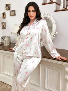 CottageSlumber Große Größen Blume Muster Faux-Seide Hemdkragen Langarm Top & Hose Pyjama Set, gemütlich und elegant, Herbst Winter Kleidung - Weiss - Übersicht 1