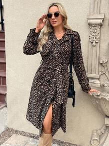 SHEIN LUNE Women Street Fashion Vintage 90s Long Leopard Print Windbreaker Coat, Casual Style, Autumn - Brown - View 5