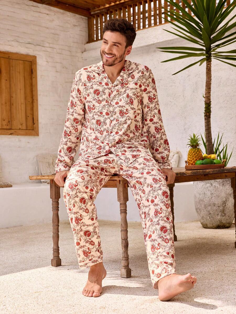 Manfinity ChillVibe 2pcs Men Floral Print Single-Breasted Long Sleeve Top And Pants Loungewear Set - Red and White - View 1