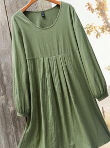 Rusticease Rochie de damă, de culoare solidă, cu gât rotund, cu mânecă lungă, cu volană simplă, de lungime mijlocie, de toamnă