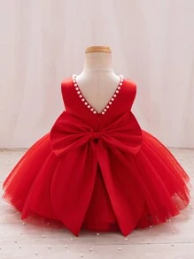 SHEIN Glamorique Kids Christmas Princess Baby Girls Red Dress, Puff Tulle Party, Pageant, Bridesmaid, Flower Girl Dresses, Pink Pom-Pom Party Wedding Gown With White Beaded V-Back Big Bow Princess Dress - Red - View 1