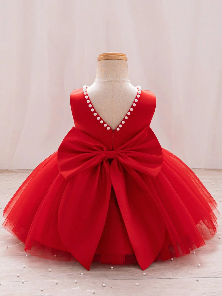 SHEIN Glamorique Kids Christmas Princess Baby Girls Red Dress, Puff Tulle Party, Pageant, Bridesmaid, Flower Girl Dresses, Pink Pom-Pom Party Wedding Gown With White Beaded V-Back Big Bow Princess Dress - Red - View 1