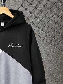SHEIN Sudadera holgada, cómoda y versátil con estampado gráfico y parches de colores contrastantes para adolescentes - Gris - Ver 6