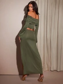 Hauture Off Shoulder Long Sleeve Crop Top And Ruched Maxi Skirt Set - Army Green - View 7