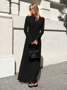 SHEIN Forever 21 纯色合身喇叭袖口长袖优雅连衣裙 - 黑色 - 查看 6