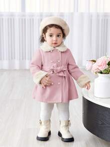 SHEIN Baby Girl Warm & Fashionable Furry Collar Mid-Length Belt Coat, Autumn/Winter Clothes - Multicolor - View 3
