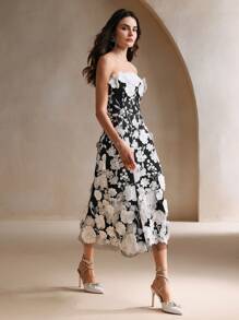 Anewsta 女士优雅派对及节日刺绣花卉网眼覆盖露肩连衣裙 - 黑色 - 查看 7