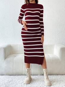 SHEIN Maternity Striped Round Neck Long Sleeve Side Slit Hem Long Sweater Dress, Autumn/Winter Fall Clothes