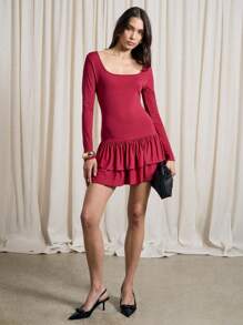 AiiRZ 波西米亚风圆领修身长袖垂腰荷叶边下摆芭蕾舞迷你连衣裙 - 酒紅色 - 查看 4