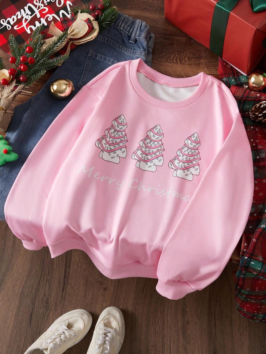 SHEIN Girls Youth Christmas Pink Long Sleeve Crew Neck Sweatshirt