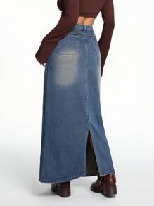 SHEIN ICON 女性休閑長款牛仔裙，適用於海灘度假 - 中等水洗藍 - 查看 2