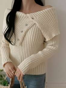 DAZY 1 Stück Damen Design Oversized Kragen asymmetrischer Knopfdekor Pullover, Herbstmode für Frauen - Beige - Übersicht 7