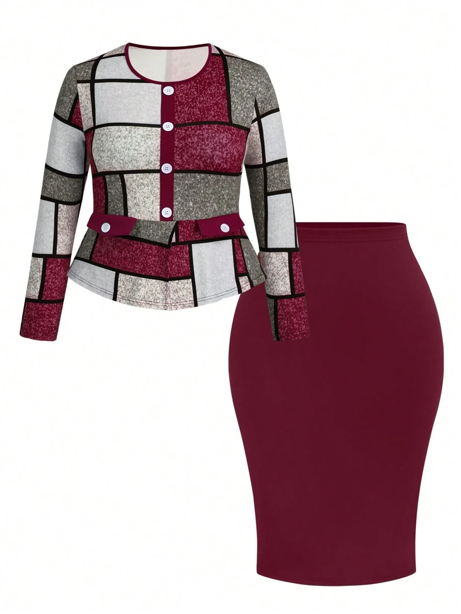 Maweii Plus Size 2pcs Set: Elegant Color Block Plaid Print Top And Solid Color Skirt, For Autumn Fall Cloth For Women - Burgundy - View 1