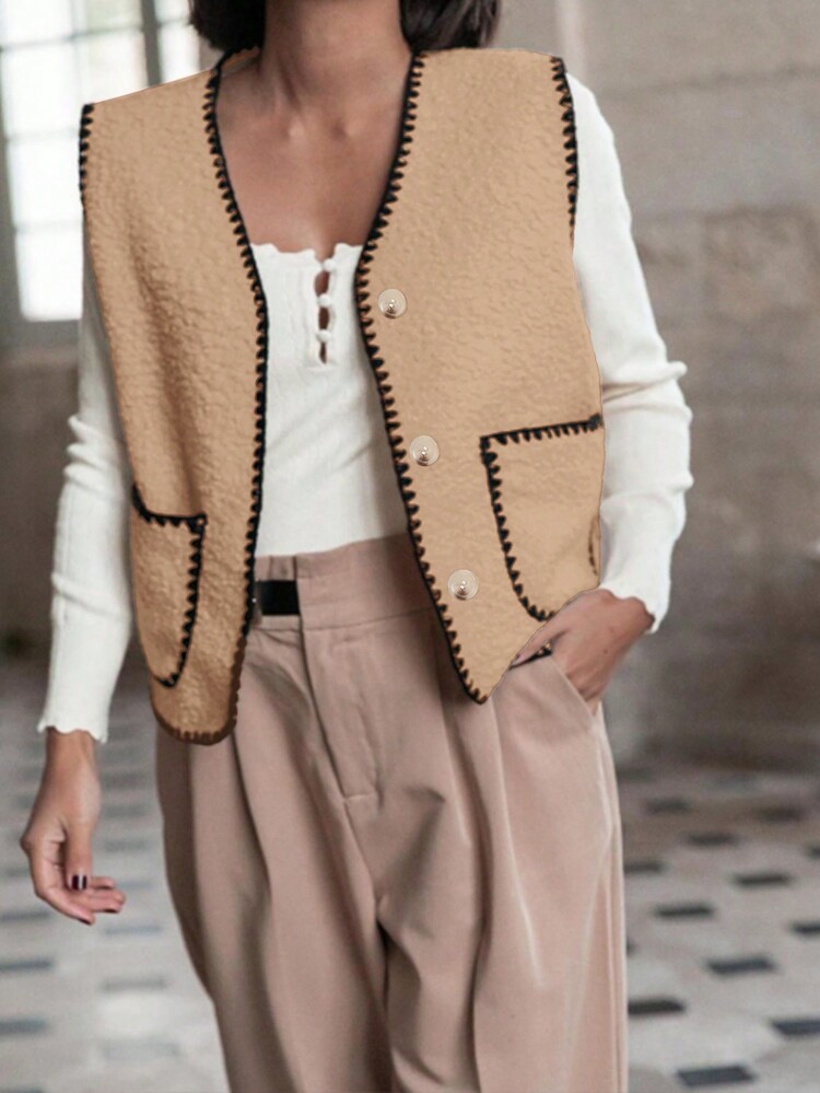 SHEIN Frenchy Women's Contrast Trim Front Button Sleeveless Pocket Casual Jacket - Khaki - View 7