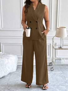 Celure 加大码无袖翻领双排扣碎花灰色西装外套和直筒阔腿裤套装 - 棕色 - 查看 5