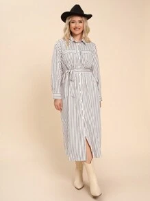 SHEIN LUNE 加大码条纹纽扣衬衫裙，秋季休闲装，办公室装扮节日装扮节日派对礼服加大码 - 黑與白 - 查看 3