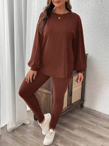 SHEIN LUNE 2 件大码纯色圆领长袖上衣和紧身及踝长裤套装冬季服装 - 棕色 - 查看 4
