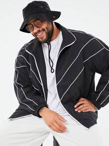 Manfinity NXTstreet Plus Size Men Woven Long Sleeve Jacket, Going Out Zipper Fashion Black Jacket, For Friends, Husband, Boyfriend Gifts