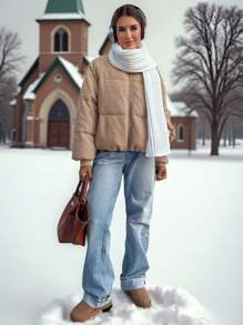 SHEIN LUNE 休闲女式毛绒加垫口袋短夹克，冬季保暖 - 杏色 - 查看 2