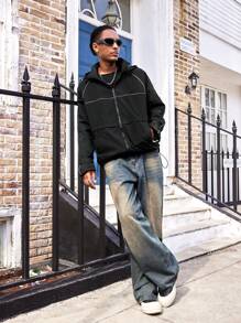 Manfinity Dauomo Veste décontractée et ample avec détail réfléchissant, veste à capuche zippée à manches longues, style streetwear pour l'automne et l'hiver - Noir - Voir 5