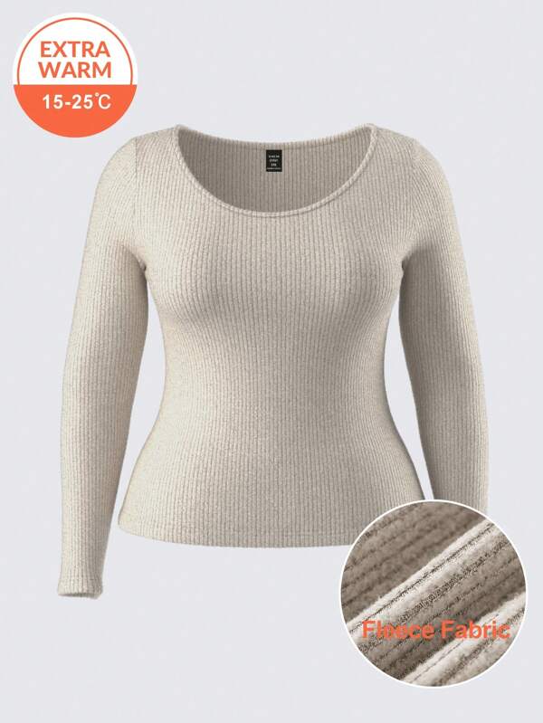 SHEIN BASICS 1 件纯色针织圆领长袖修身大码 T 恤，休闲